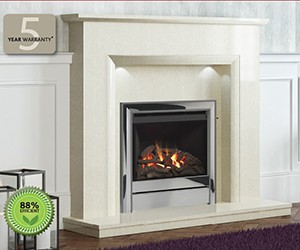 Chollerton A stylish glass fronted, high efficiency fire, offering an impressive 84% efficiency. With its widescreen engine, the Chollerton is ideal for larger surrounds of 50" and above; it is perfectly suited to the Elgin & Hall 50" Roesia with complementing square edges and provides a panoramic vision of dancing flames. Shown in Chrome with Anthracite profiled edge and Roesia surround in Pearl Stone micro.