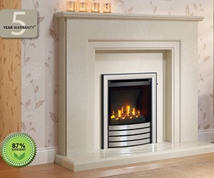 Indigo - Mid depth gas fire insert Offers a 87% efficiency rating with consequent lower running costs. That's the result of the glass panel concentrating the radiant heat into the room without sucking in cooler air. Suitable for both traditional chimneys and prefabricated flues. Shown with a Devotion trim and Evita surround in Manila micro marble.